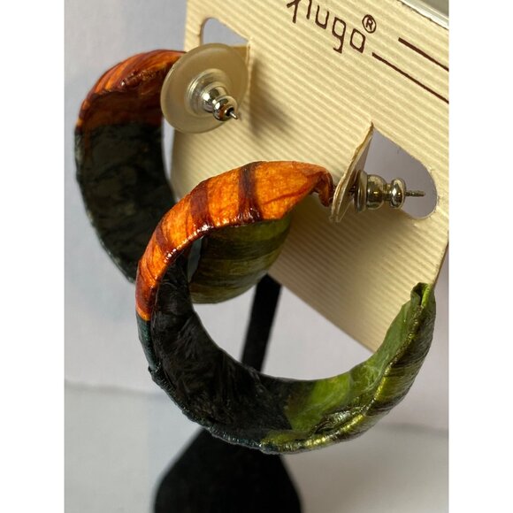 Colorful Chunky Hoop Earrings By Hugo Wood & Resin Striped Design 2" Diameter Mu - Picture 2 of 4